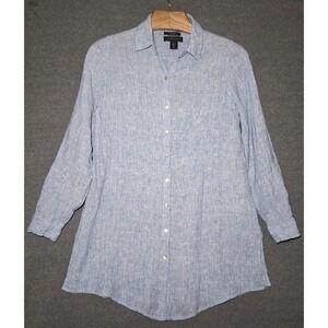 Tahari Linen Mini Shirt Dress Small Blue Gauzy Button Down Beachy Tropical